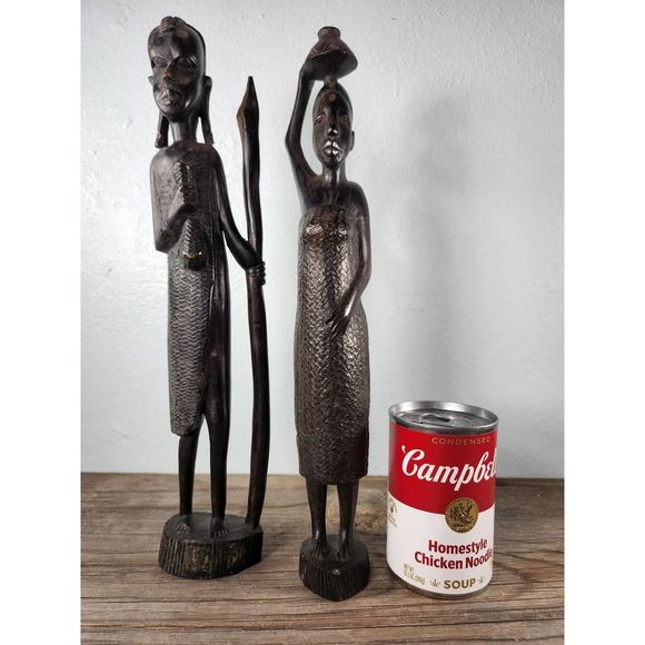 VINTAGE African Carved Ebony Statues 13" Warrior & Village Woman Tribal Folkart - Picture 9 of 10